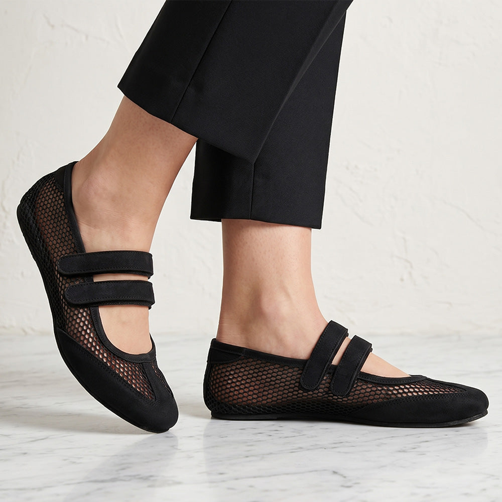 flats negras con malla con doble correa ajustable de piso para dama