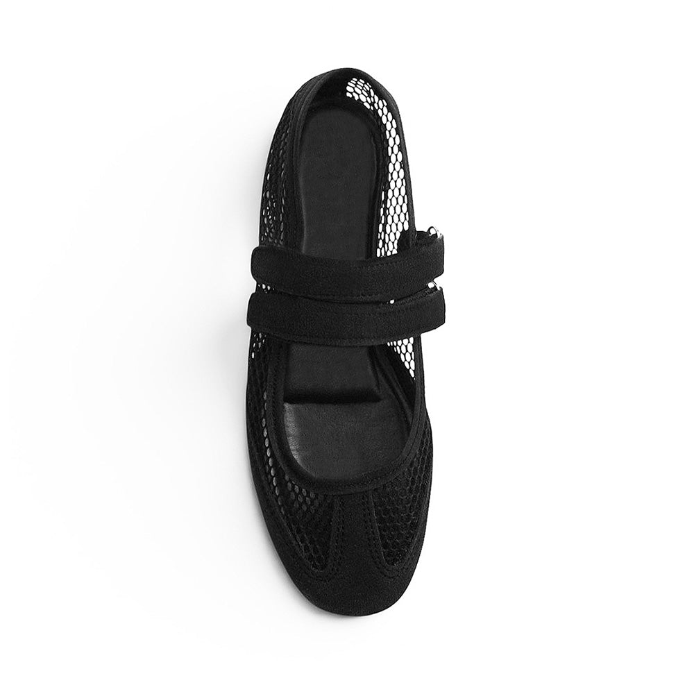 vista superior de flats para dama negras con doble pulsera 