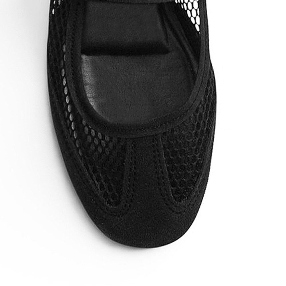 vista del detalle de malla en flats negras para dama 