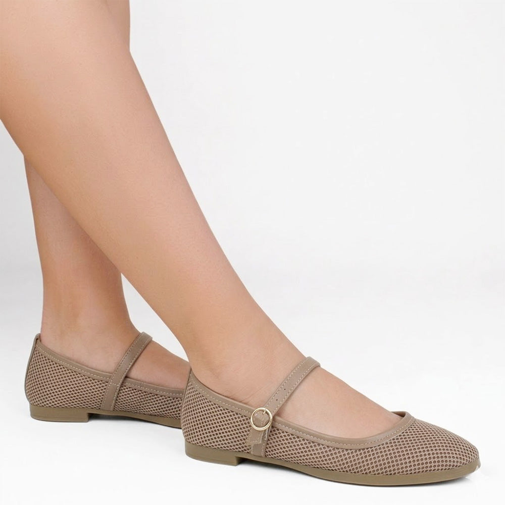Flats tipo balerinas beige perforadas para mujer con pulsera ajustable y hebilla redonda de piso 