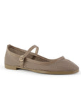 Vista diagonal de flats beige calados para mujer con pulsera ajustable en empeine de piso tipo balerinas 