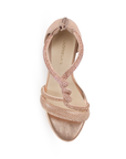 Vista superior de zapatilla oro rosado para mujer con pedreria y tacón bloque medio de 10cm, ajuste de cierre trasero