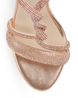 Vista de material sintético en zapatilla para mujer con pedreria y tacón medio de 10cm color oro rosado