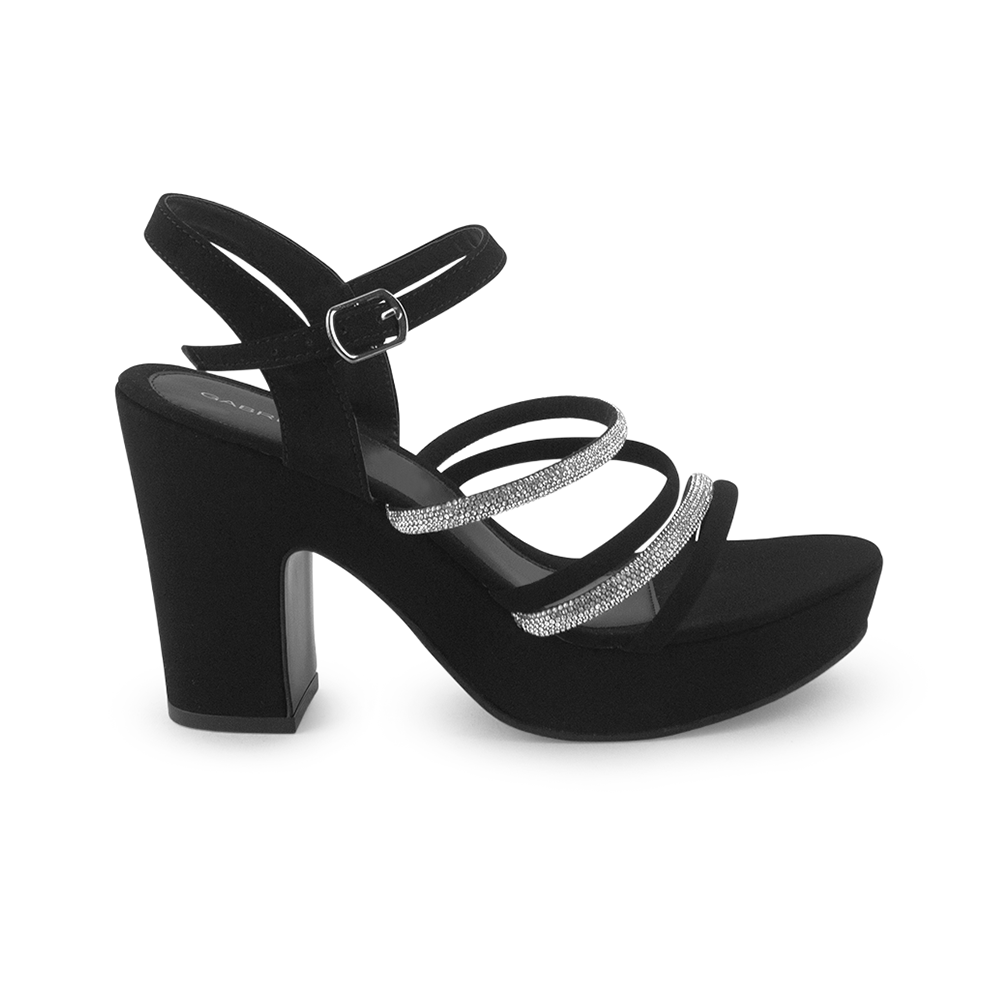 Vista lateral de zapatilla negra para mujer con tacón ancho de 10cm y tiras brillantes