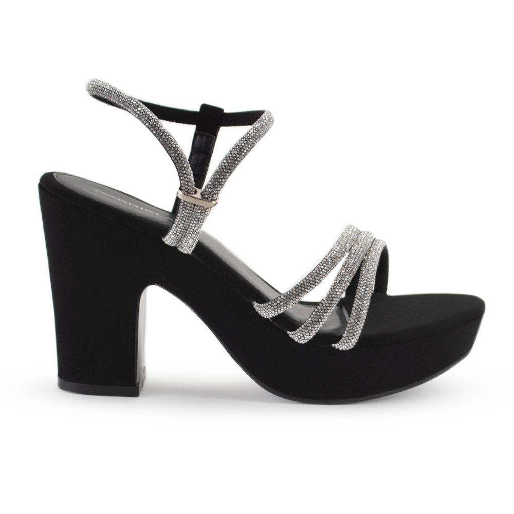 vista lateral de zapatillas negras de plataforma para dama con tiras de pedrería plata y tacón medio 10 cm