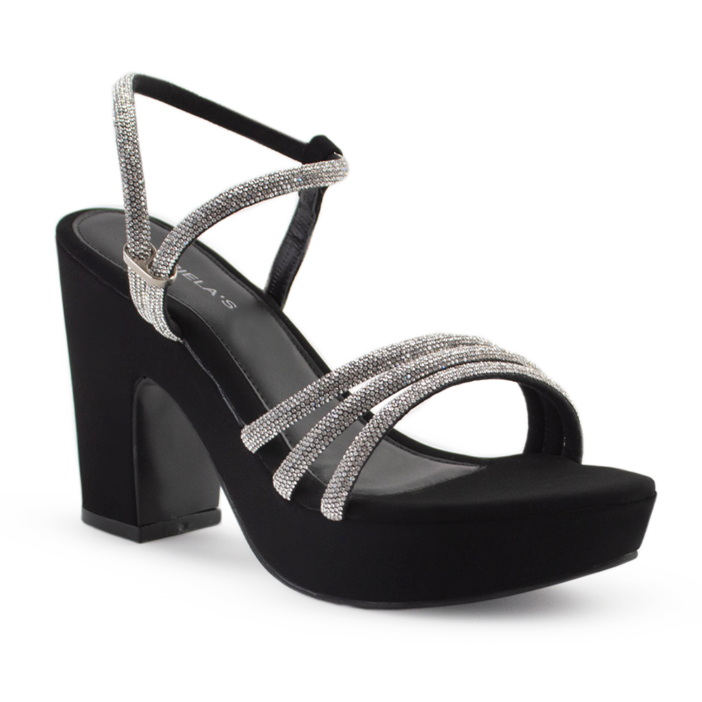 vista diagonal de zapatillas negras con plataforma y tiras con pedrería en tacón medio 10 cm para dama