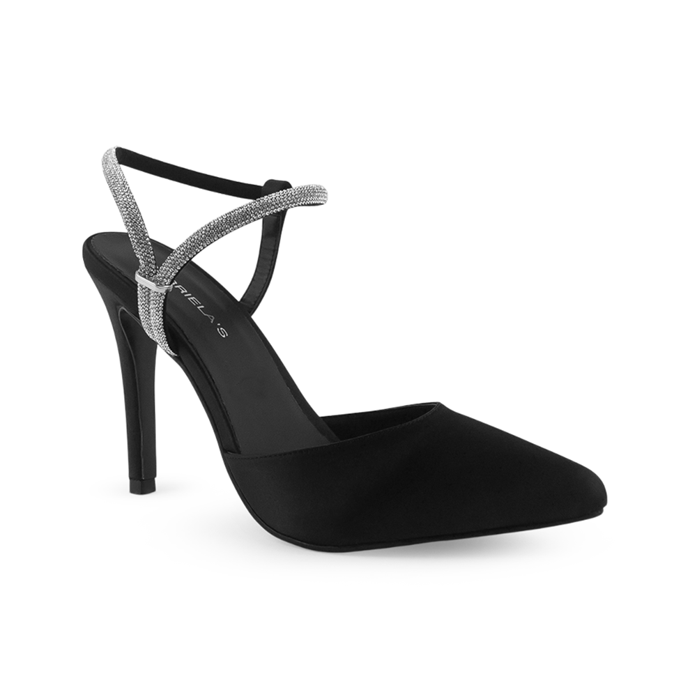 vista diagonal de zapatillas negras destalonadas con punta fina, tacón alto 11cm y tiras brillantes para dama 