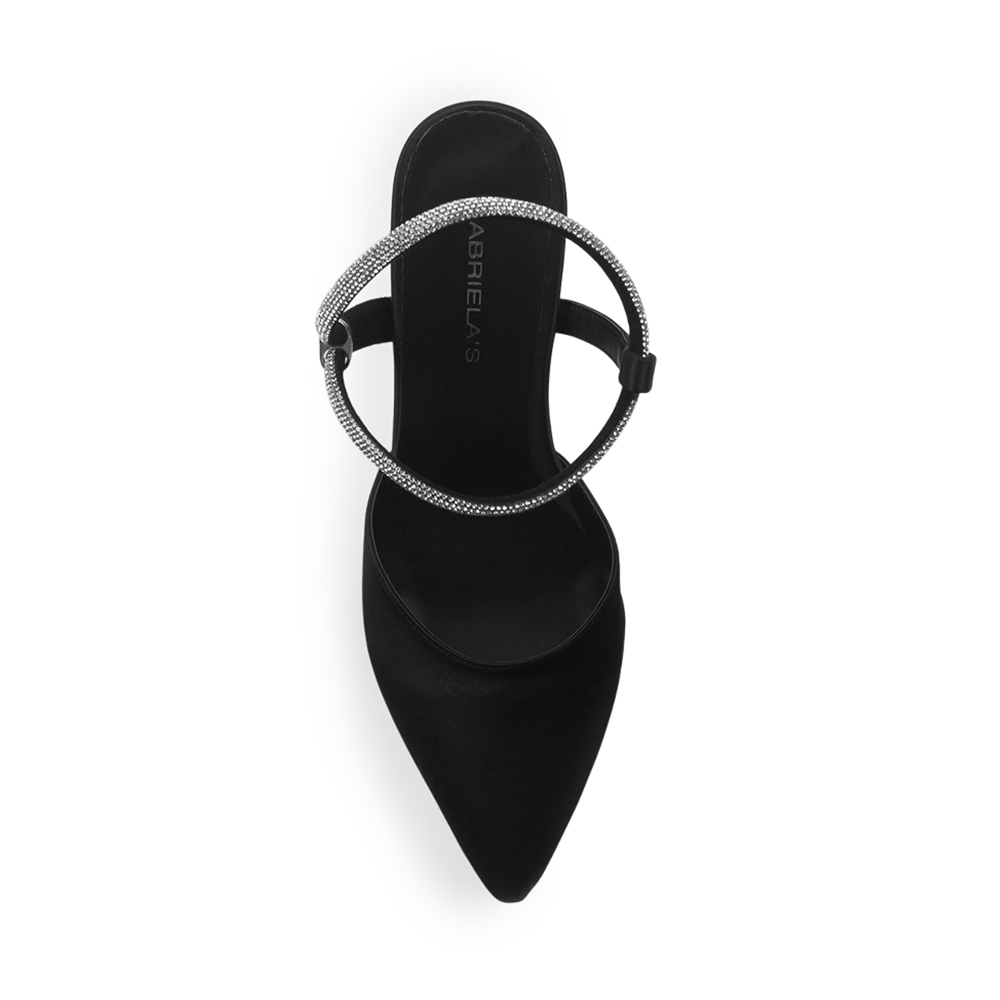 vista superior de zapatillas negras para dama destalonadas con tacón alto 11cm y tiras brillantes 