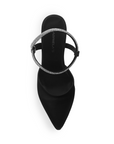 vista superior de zapatillas negras para dama destalonadas con tacón alto 11cm y tiras brillantes 