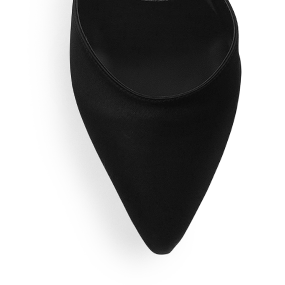 detalle del material shantung en zapatillas negras para dama con punta fina destalonadas y tacón alto 11 cm 