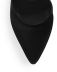 detalle del material shantung en zapatillas negras para dama con punta fina destalonadas y tacón alto 11 cm 