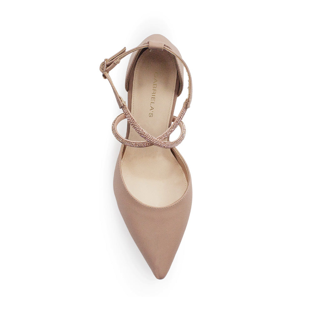 vista superior de zapatillas maquillaje stiletto para dama con tiras en pedrería y tacón medio 10 cm 