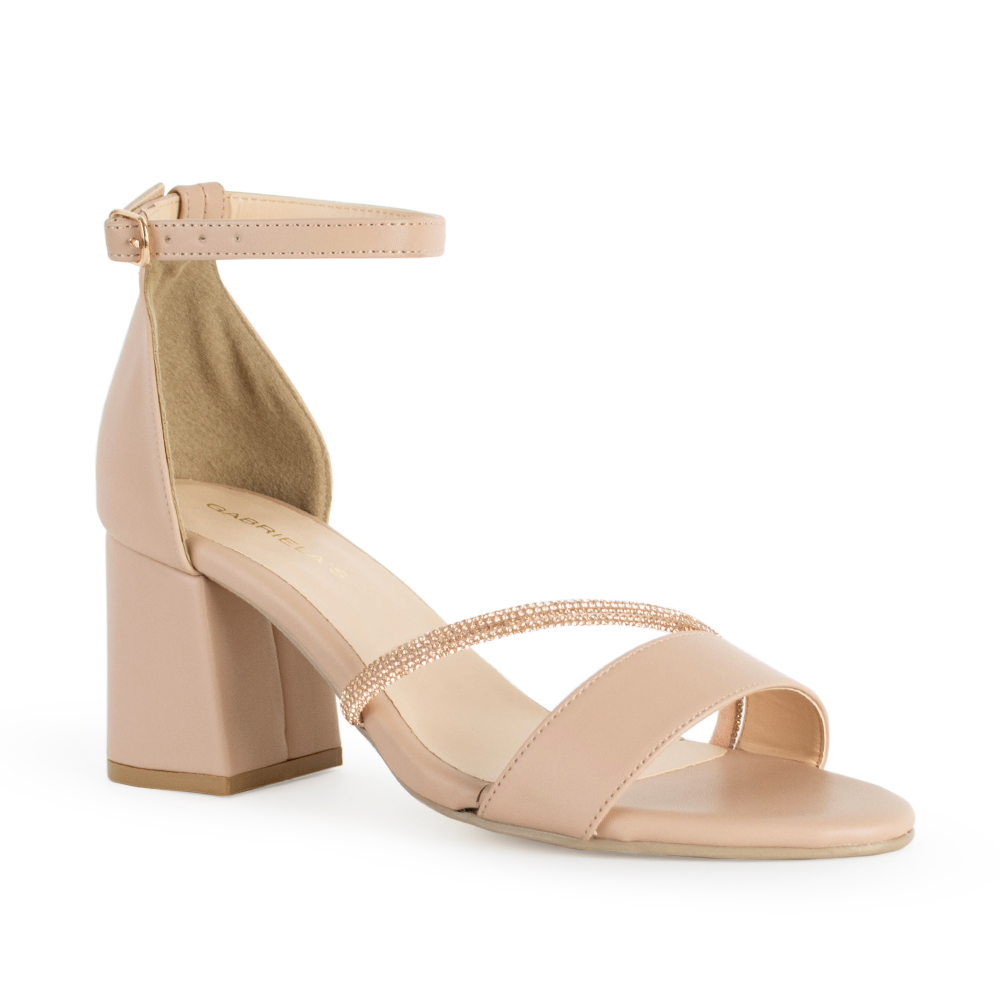 vista diagonal en zapatillas maquillaje  con detalles brillantes oro rosado y pulsera al tobillo para dama de tacón medio 7cm 
