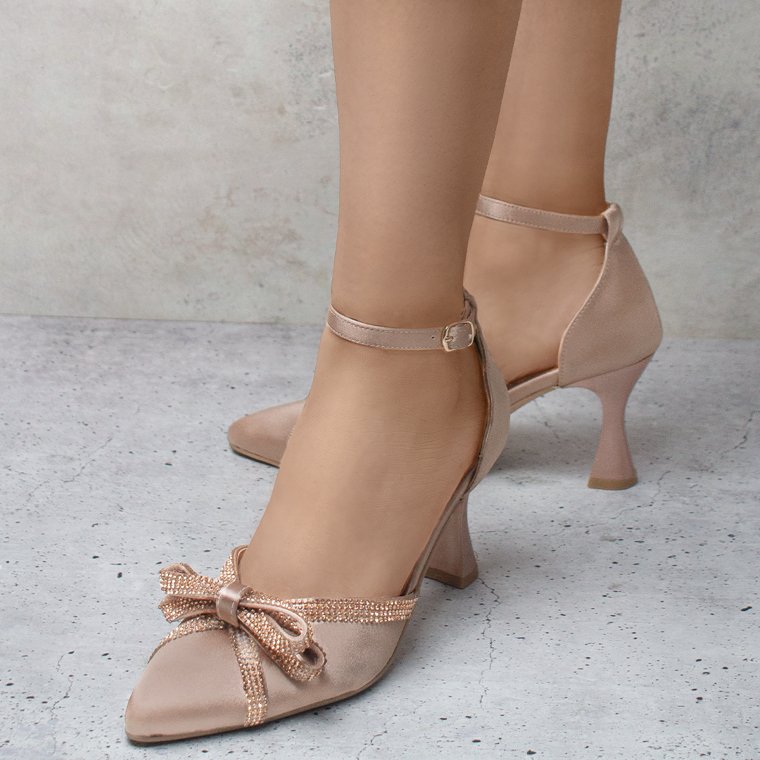 Zapatillas maquillaje para mujer con moño de pedrería, punta cerrada y tacón medio de 8cm
