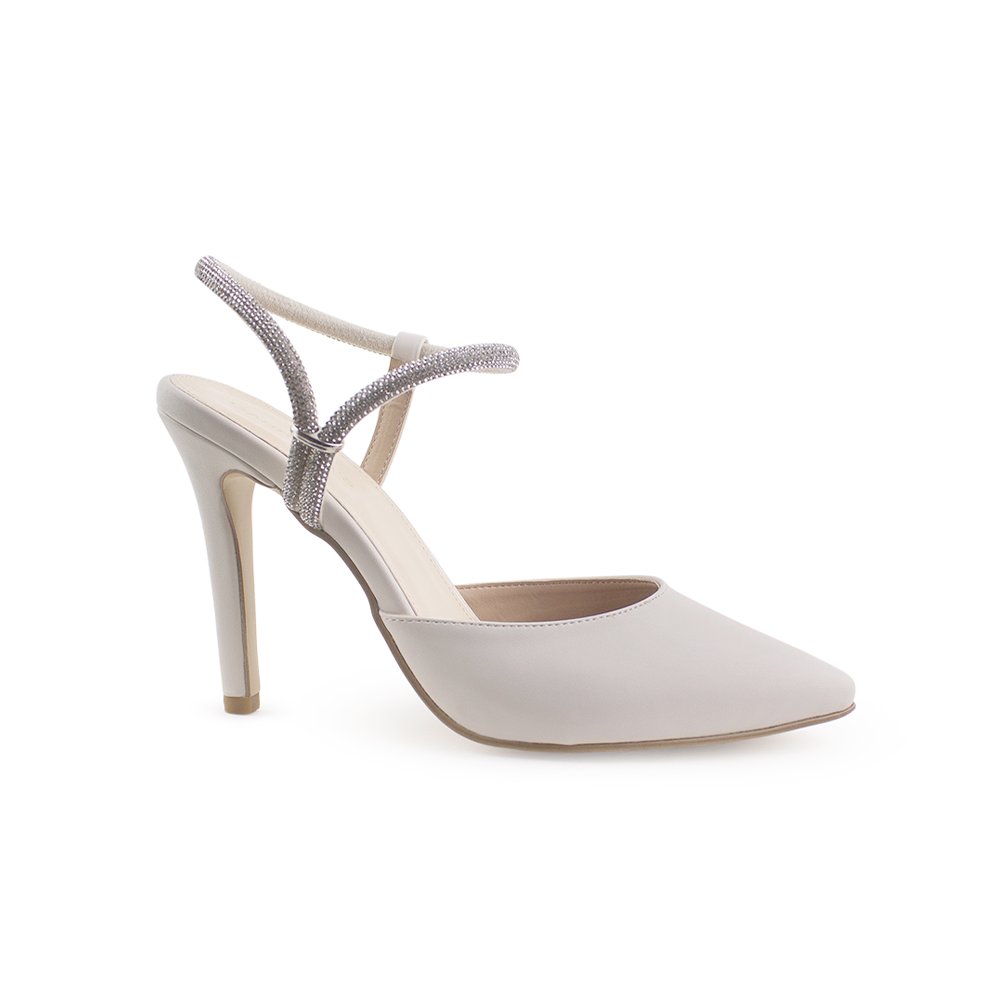 vista lateral de zapatillas beige para dama destalonadas con punta fina, tacón alto 11cm y tiras brillantes