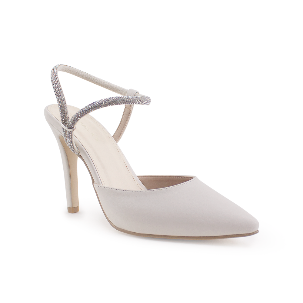 vista diagonal de zapatillas beige destalonadas con punta fina, tacón alto 11cm y tiras brillantes para dama 