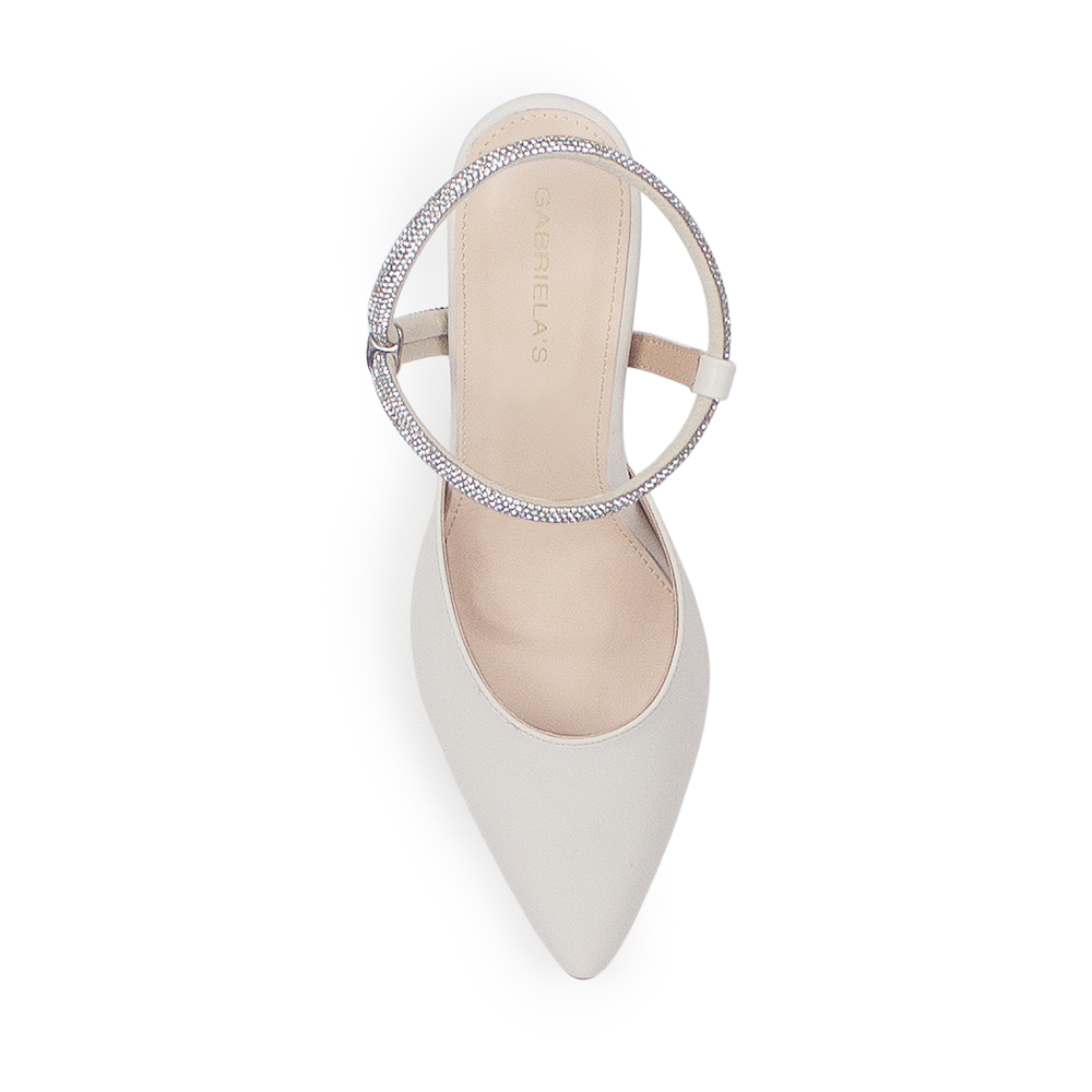vista superior de zapatillas beige para dama destalonadas con tacón alto 11cm y tiras brillantes 