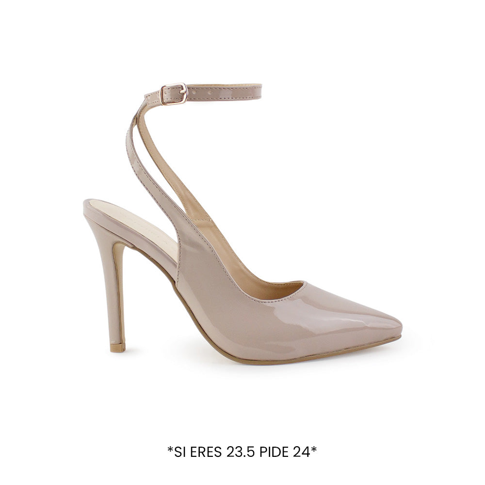 Vista lateral de zapatilla maquillaje con pulsera y tacón delgado alto de 11cm tipo stiletto para mujer