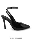 Vista lateral de zapatilla negra con pulsera y tacón delgado alto de 11cm tipo stiletto para mujer