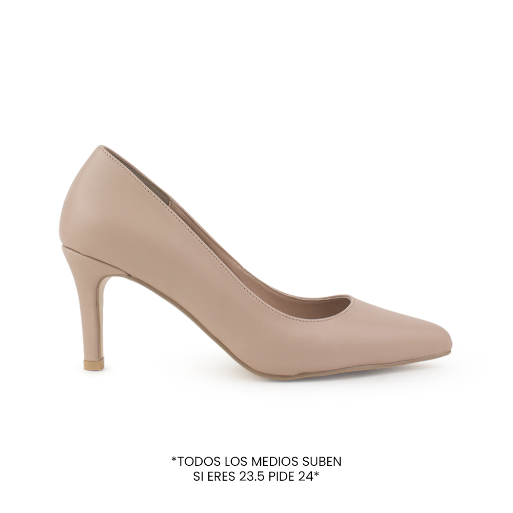 Vista lateral de zapatilla maquillaje para mujer con punta fina y tacón delgado de 7cm