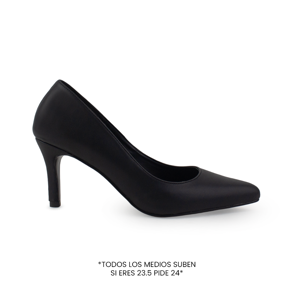 Vista lateral de zapatilla negras para mujer con punta fina y tacón delgado de 7cm