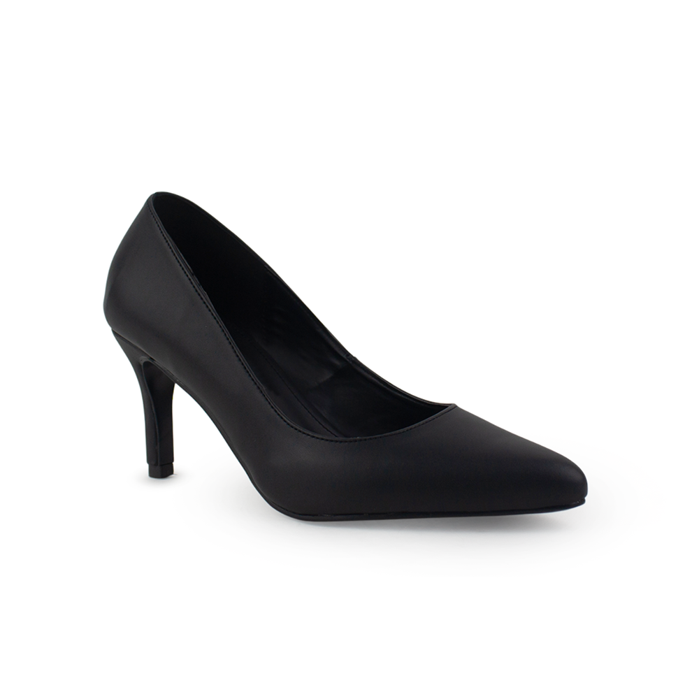 Vista diagonal de zapatilla negra para mujer con punta fina y tacón delgado de 7cm tipo stiletto