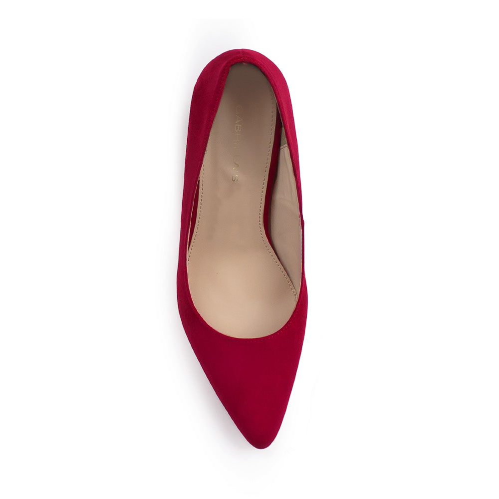 Vista superior de zapatilla para mujer con punta fina formal en color rojo