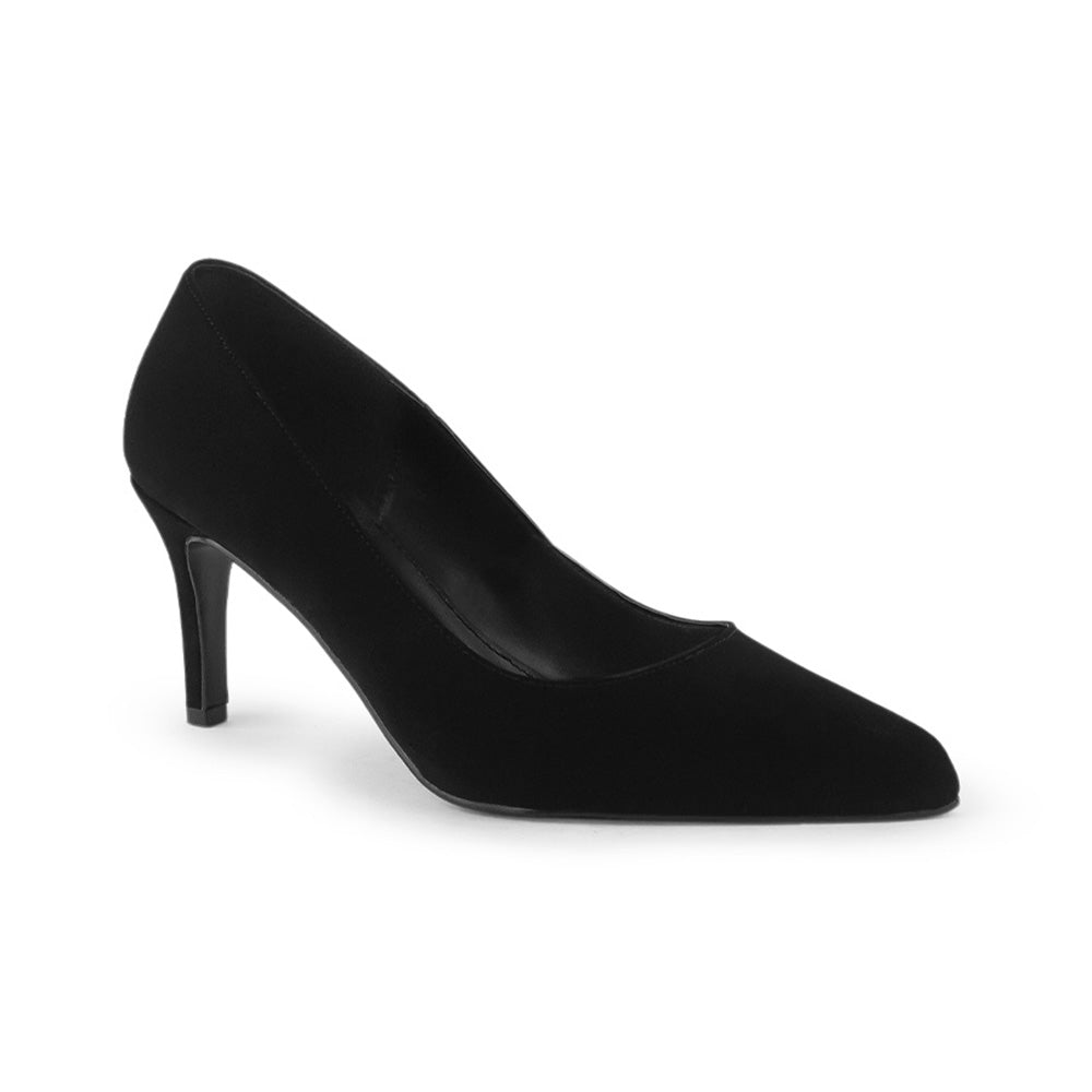 Vista diagonal de zapatilla negra para mujer con punta fina y tacón delgado de 7cm tipo stiletto