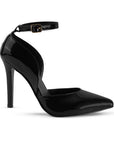 Vista lateral de zapatilla negra para mujer con tacón delgado y punta fina 