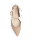 Vista superior de zapatilla maquillaje para mujer con punta fina y tacón delgado ajustable de pulsera al tobillo