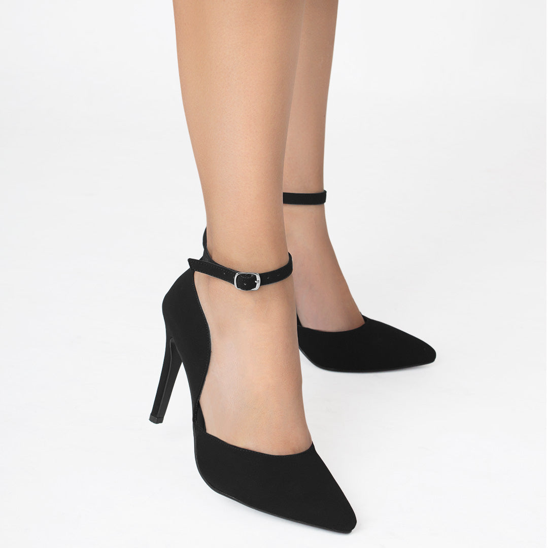 Zapatillas negras para mujer con hebilla ajustable, punta fina y tacón delgado de 10m