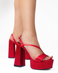 Zapatillas rojas para mujer con plataforma frontal y tiras delgadas cruzadas de tacón alto ancho de 14cm
