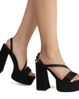 Zapatillas negras para mujer con plataforma frontal y tiras delgadas cruzadas de tacón alto ancho de 14cm