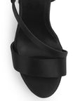 Vista de material shantung en zapatilla de diseño descubierto para mujer con tiras delgadas cruzadas colgante brillante y tacón alto de 14cm en color negro
