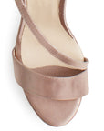Vista de material shantung en zapatilla de diseño descubierto para mujer con tiras delgadas cruzadas colgante brillante y tacón alto de 14cm en color nude