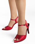 Zapatillas rojas de punta fina abierta para mujer con pulsera ajustable y tacón delgado de 10cm