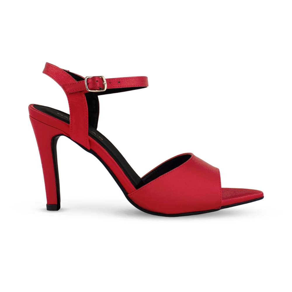 Vista lateral de zapatilla roja de punta fina abierta para mujer con pulsera ajustable al tobillo y tacón delgado medio de 10cm