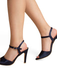 Zapatillas azules de punta fina abierta para mujer con pulsera ajustable y tacón delgado de 10cm