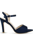 Vista lateral de zapatilla azul de punta fina abierta para mujer con pulsera ajustable al tobillo y tacón delgado medio de 10cm