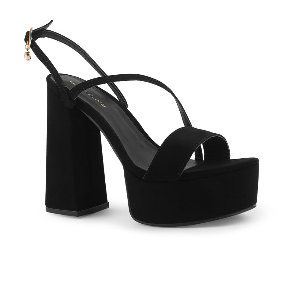 Vista diagonal de zapatilla negra para mujer con tiras delgadas cruzadas y tacón alto grueso de 14cm