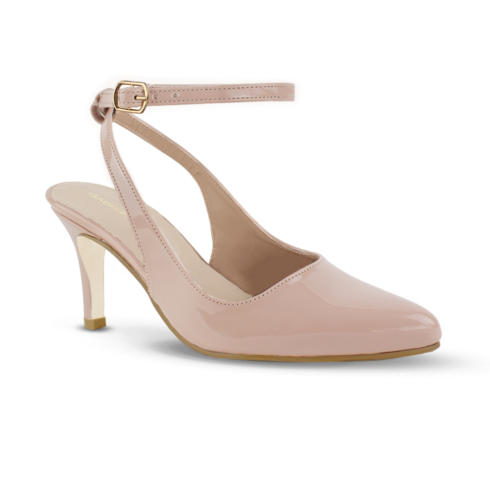 Vista lateral de zapatilla maquillaje destalonada para mujer con punta fina pulsera ajustable y tacón delgado de 9cm