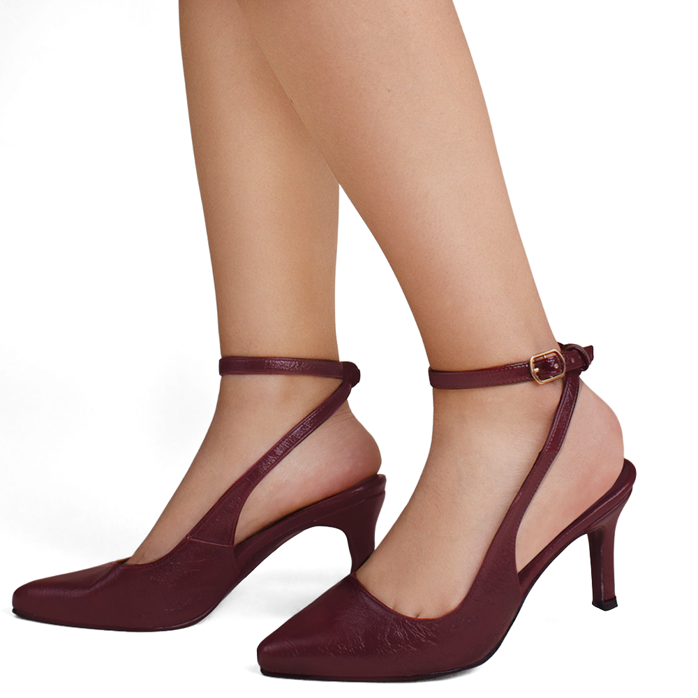 Zapatillas vino destalonadas para mujer con pulsera al tobillo ajustable  y tacón delgado de 9cm