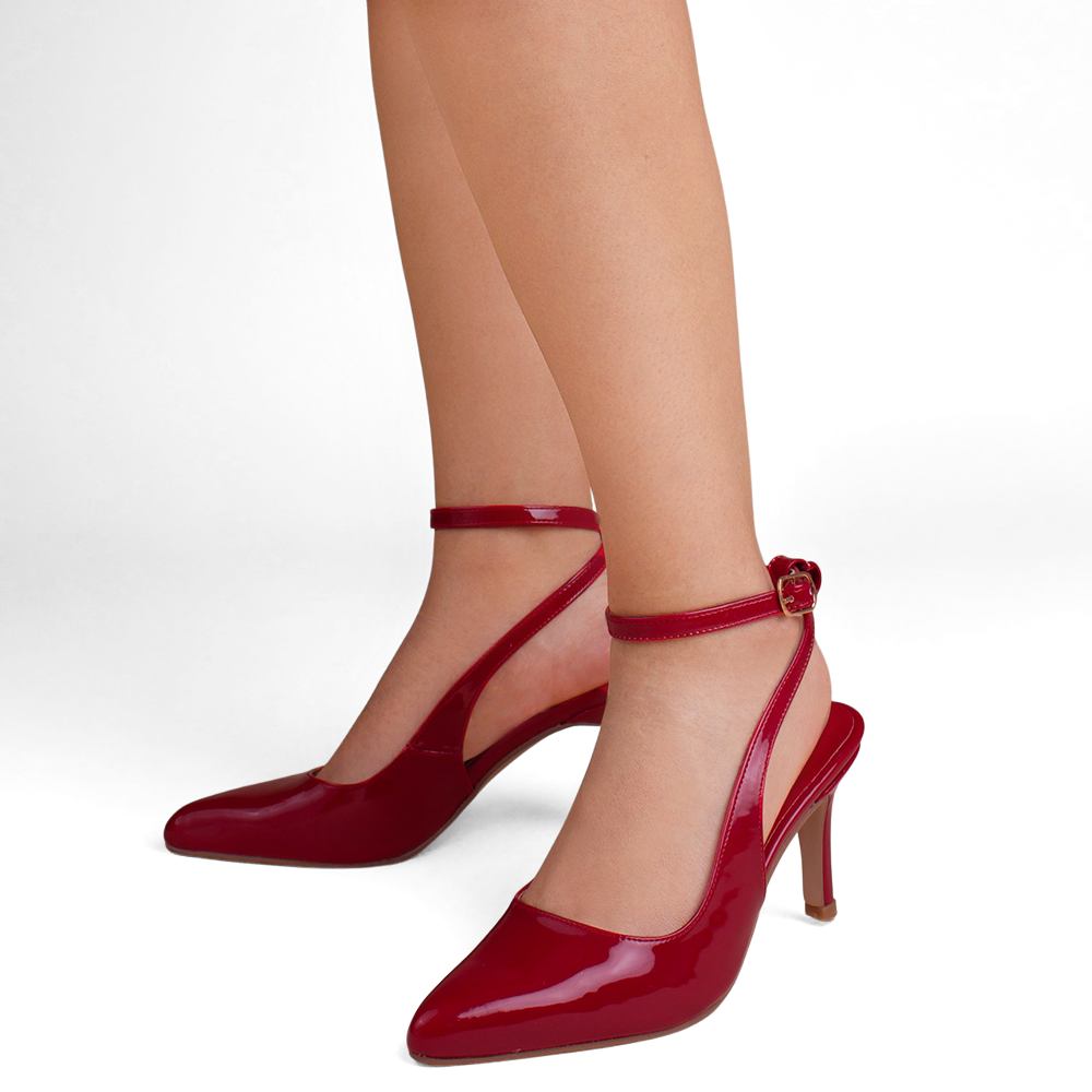 Zapatillas rojas destalonadas para mujer con pulsera al tobillo ajustable  y tacón delgado de 9cm