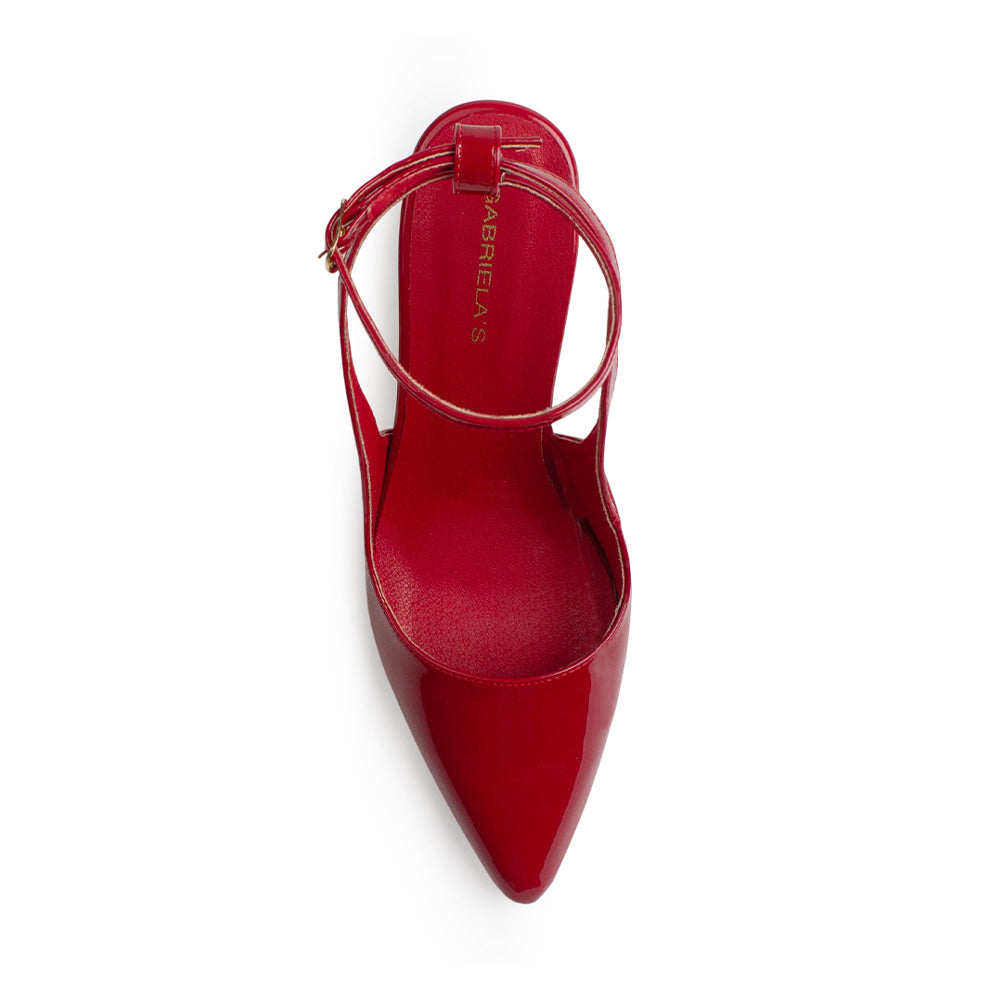 Vista superior de zapatilla destalonada roja para mujer con punta fina y pulsera al tobillo ajustable