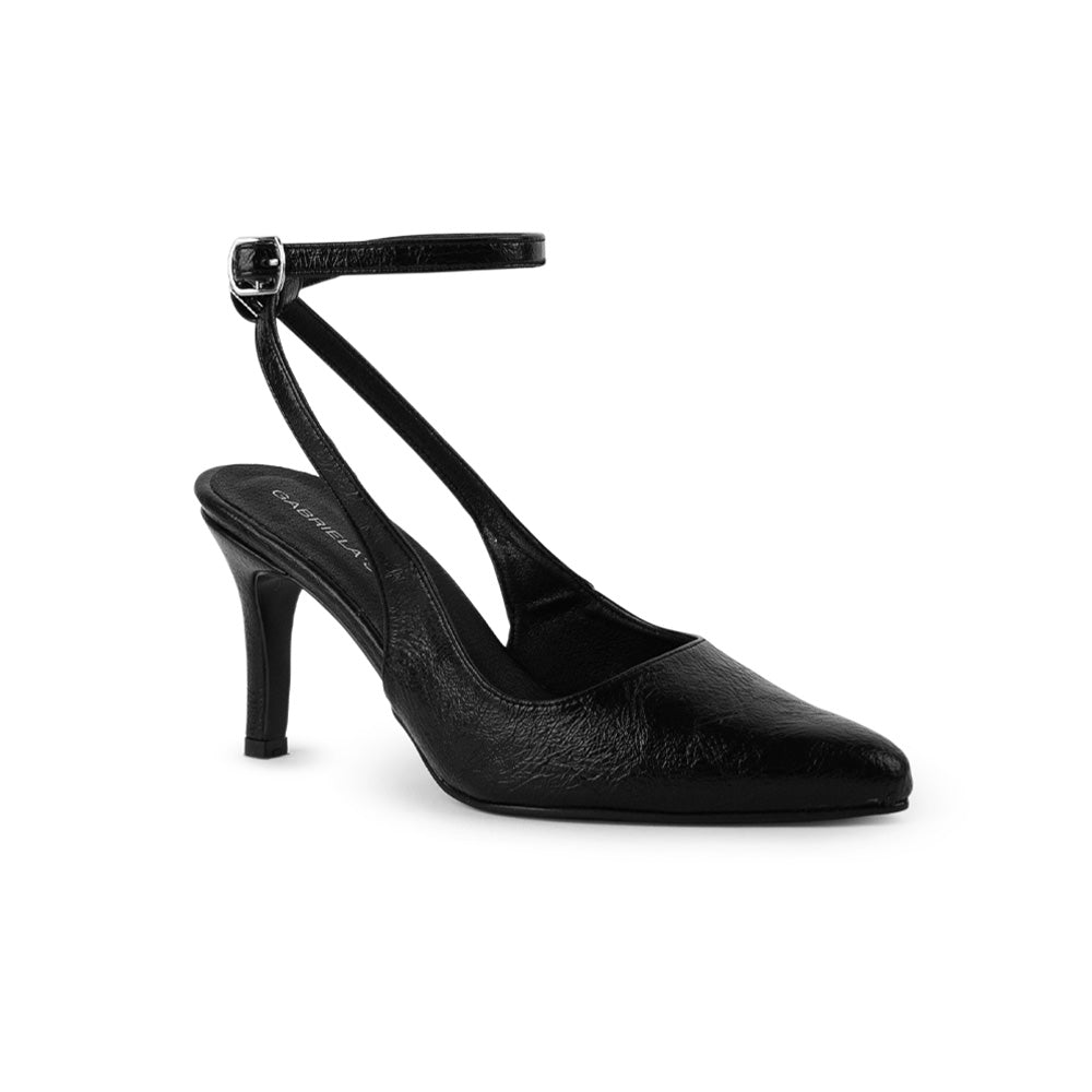 Vista lateral de zapatilla negra destalonada para mujer con punta fina pulsera ajustable y tacón delgado de 9cm