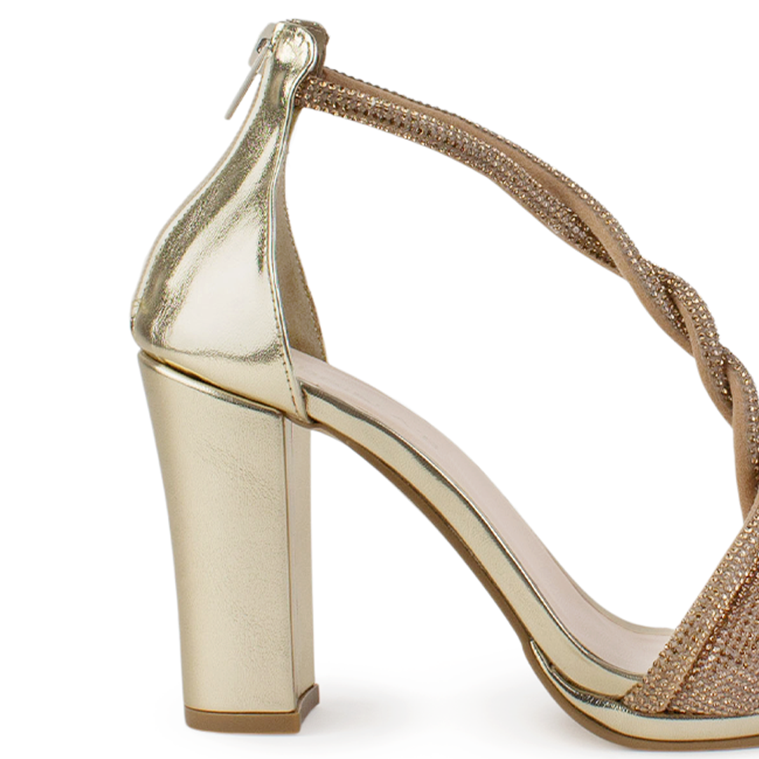 Vista trasera de tacón bloque medio de 10cm con cierre trasero en zapatilla para mujer con pedrería color oro 