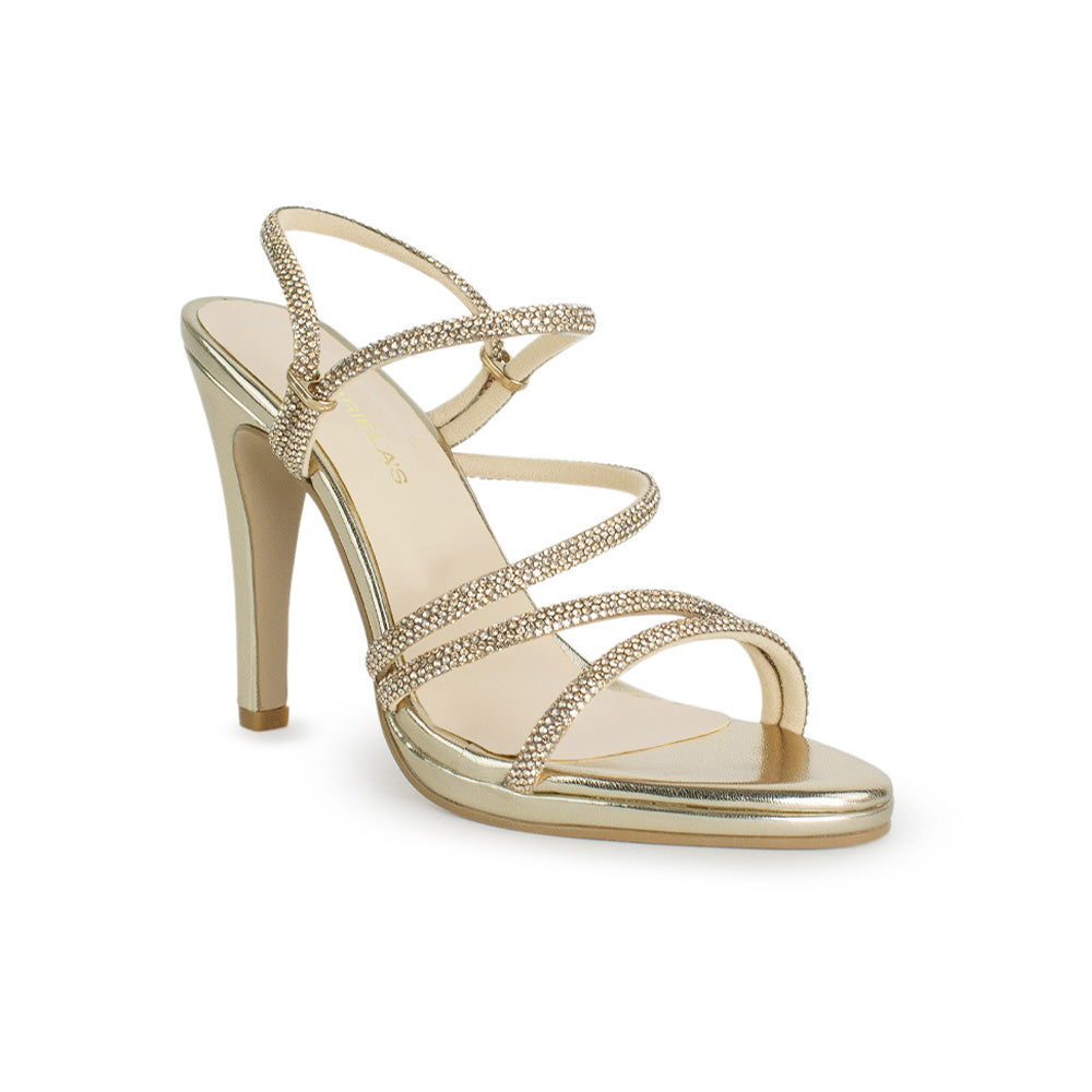 Vista diagonal de zapatilla oro para mujer con tiras brillantes y tacón de 10cm