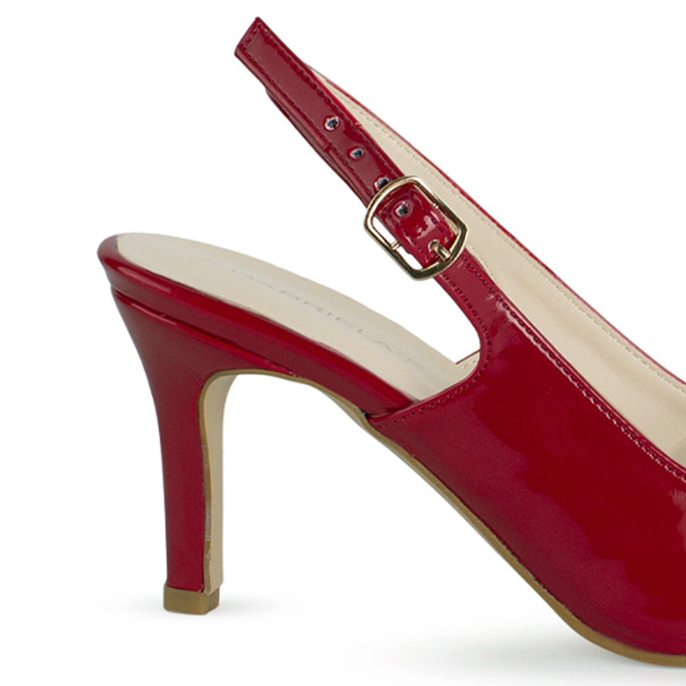Vista trasera de tacón delgado de 8cm en zapatilla roja destalonada para mujer con moño en punta fina 