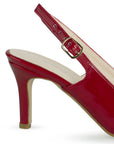 Vista trasera de tacón delgado de 8cm en zapatilla roja destalonada para mujer con moño en punta fina 
