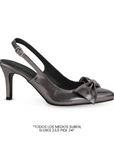 Vista superior de zapatilla gris destalonada para mujer con un moño en punta fina cerrada y tacón delgado de 8cm tipo stiletto 